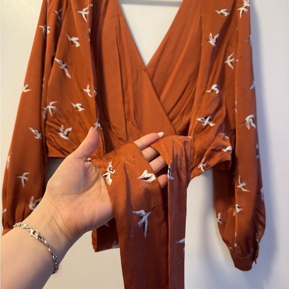 Silk Rust Bird Print Wrap blouse - Picture 2 of 6